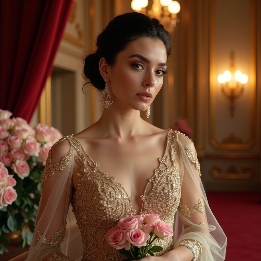 Femme élégante dans un cadre de gala raffiné, portant une robe brodée d’or, incarnant une présence et une sophistication intemporelle
